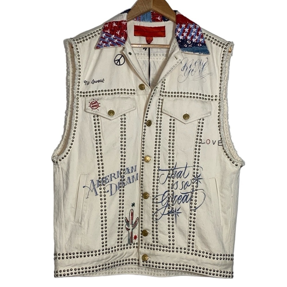 Hilfiger Collection Studded Jean Vest NWT Women 4 Ivory American Flag Embroidery